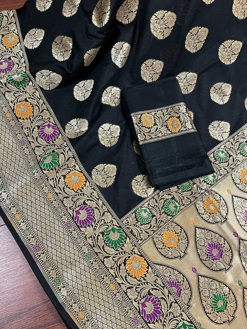 Black Color Traditional Banarasi Handloom Sari with Paithani Style Floral Borders with Meenakari Borders | Soft Silk Saree