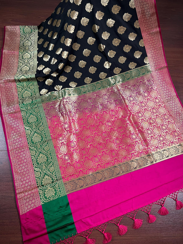 Black Color Traditional Banarasi Silk Handloom Saree with Wide Border | Meenakari and Satin Patta Border