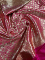 Black with Magenta Pink combination Traditional Banarasi Semi Katan Handloom Saree with Lotus Borders | Silk Saree