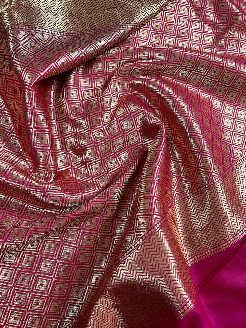 Black with Magenta Pink combination Traditional Banarasi Semi Katan Handloom Saree with Lotus Borders | Silk Saree