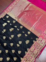 Black with Magenta Pink combination Traditional Banarasi Semi Katan Handloom Saree with Lotus Borders | Silk Saree