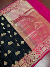 Black with Magenta Pink combination Traditional Banarasi Semi Katan Handloom Saree with Lotus Borders | Silk Saree