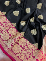 Black with Magenta Pink combination Traditional Banarasi Semi Katan Handloom Saree with Lotus Borders | Silk Saree