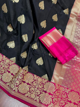 Black with Magenta Pink combination Traditional Banarasi Semi Katan Handloom Saree with Lotus Borders | Silk Saree