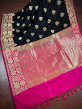 Black with Magenta Pink combination Traditional Banarasi Semi Katan Handloom Saree with Lotus Borders | Silk Saree