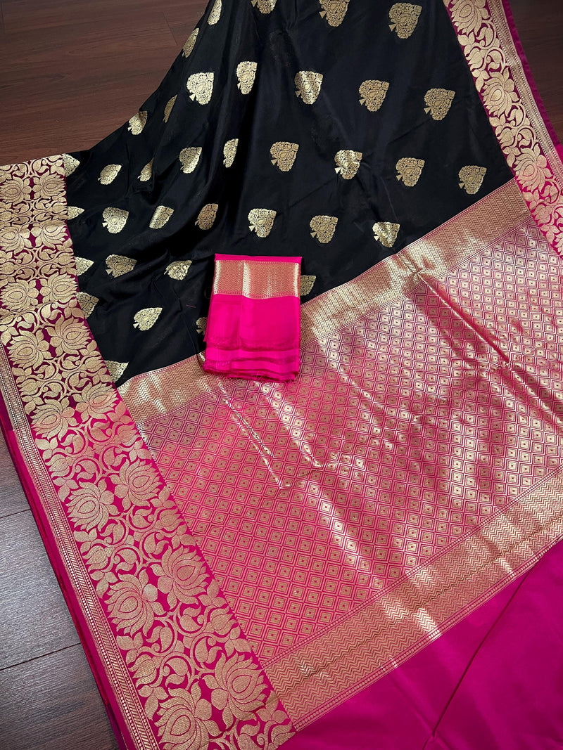 Black with Magenta Pink combination Traditional Banarasi Semi Katan Handloom Saree with Lotus Borders | Silk Saree