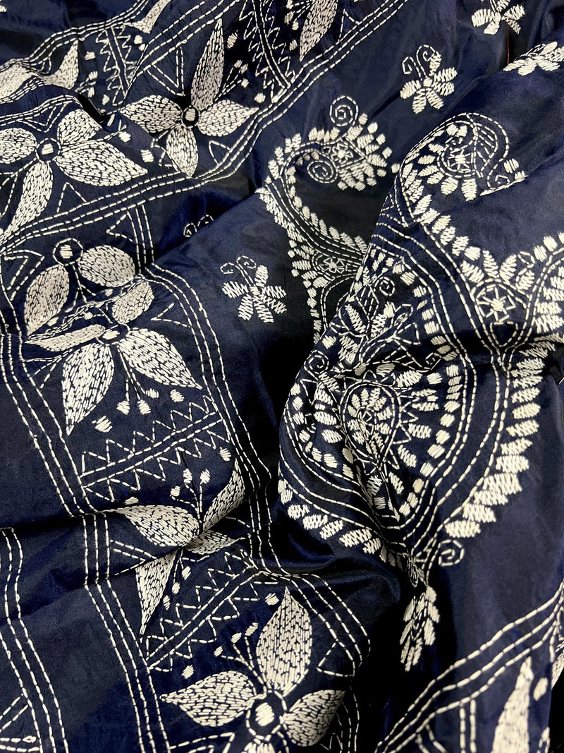 Navy Blue Color Bangalori Silk Saree with Hand Kantha Stitch | Handwoven Kantha Stitch Sarees | Kantha Saress | Bengal Sarees