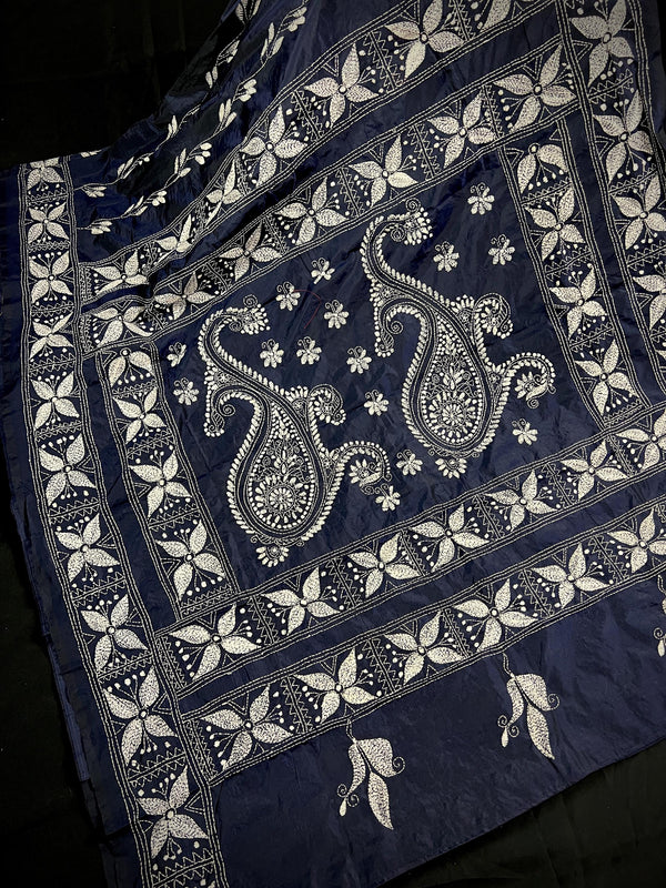 Navy Blue Color Bangalori Silk Saree with Hand Kantha Stitch | Handwoven Kantha Stitch Sarees | Kantha Saress | Bengal Sarees