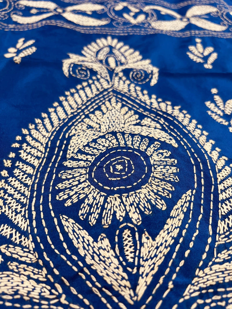 Bangalori Silk Saree with Hand Kantha Stitch in Royal Blue Color | Handwoven Kantha Stitch Sarees | Kantha Saress | Silk Sarees