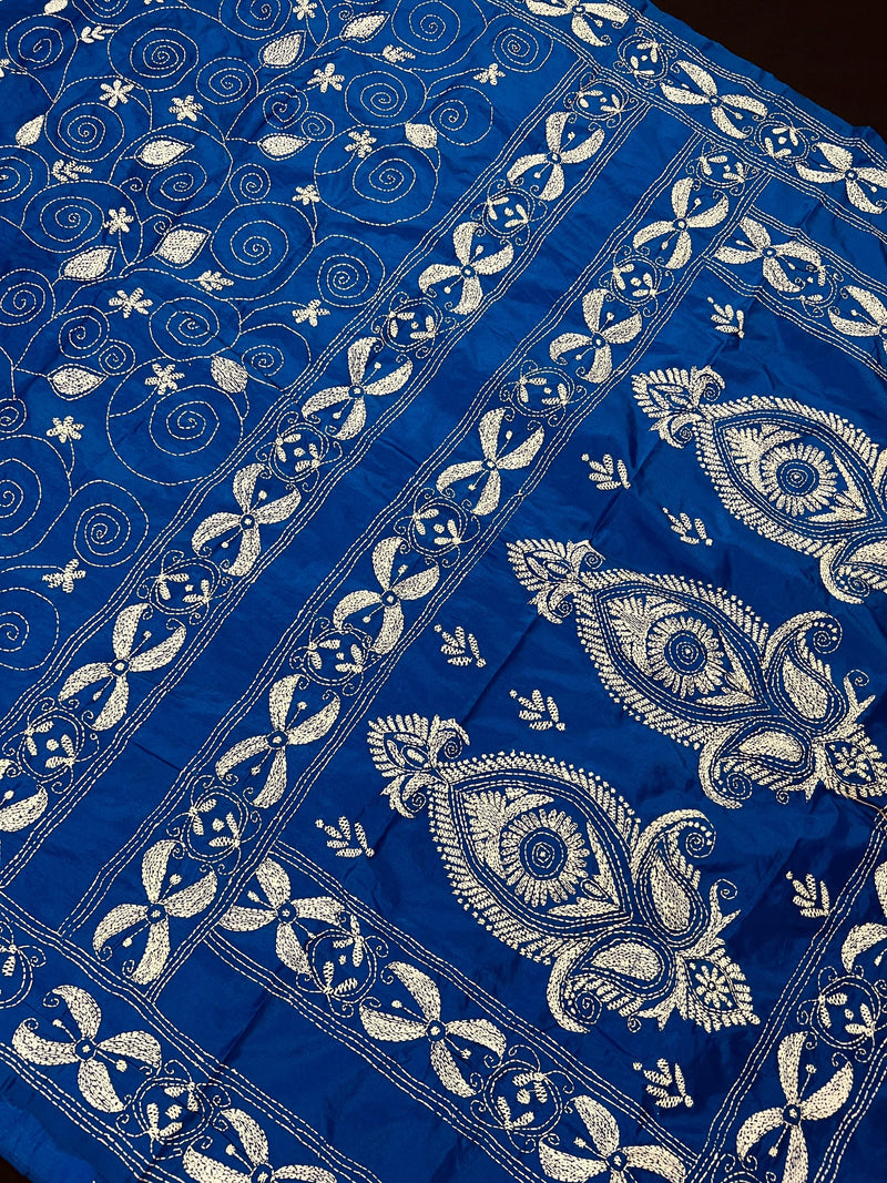 Bangalori Silk Saree with Hand Kantha Stitch in Royal Blue Color | Handwoven Kantha Stitch Sarees | Kantha Saress | Silk Sarees