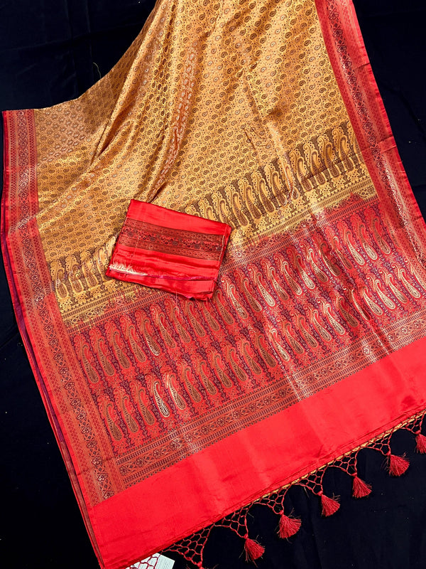 Mustard Gold Color Saree in Pure Banarasi Jamawar Tanchoi with Red Borders and Pallu | Silk Mark Certified | Handwoven Saree