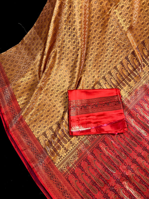 Mustard Gold Color Saree in Pure Banarasi Jamawar Tanchoi with Red Borders and Pallu | Silk Mark Certified | Handwoven Saree