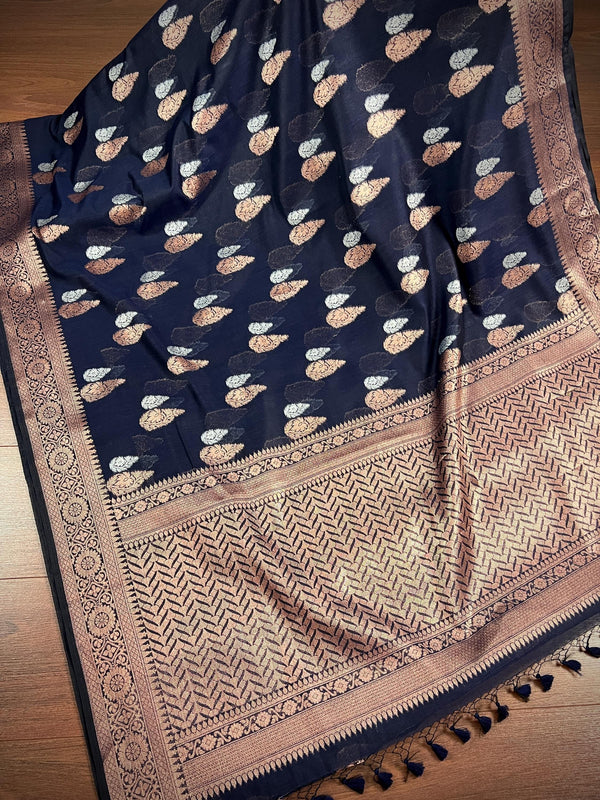 Handmade Navy Blue Color Banarasi Cotton Silk Saree with Antique Copper and Sliver Zari Weave | Handmade Sarees