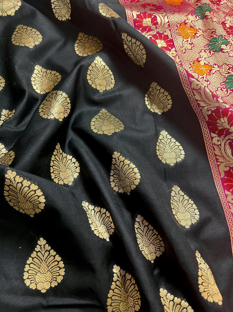 Black Color Traditional Banarasi Silk Handloom Saree with Paithani Border and Pallu | Meenakari Work | Black and Hot Pink Combination Saree