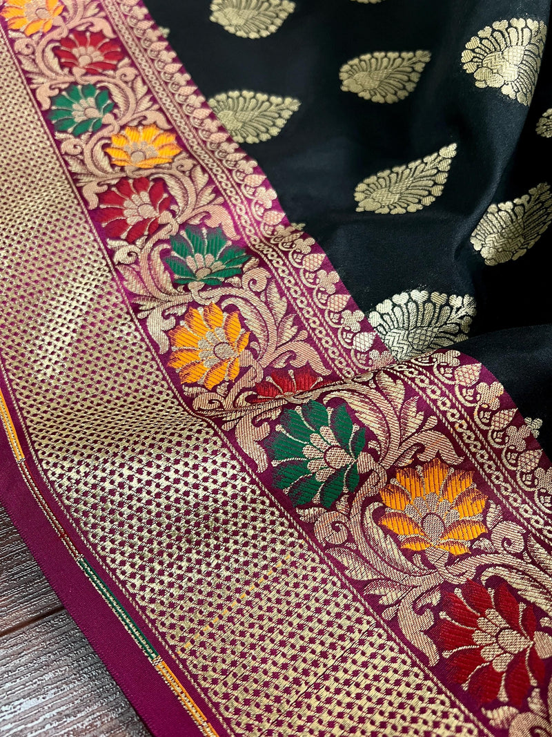 Black Color Traditional Banarasi Silk Handloom Saree with Paithani Border and Pallu | Meenakari Work | Black and Hot Pink Combination Saree