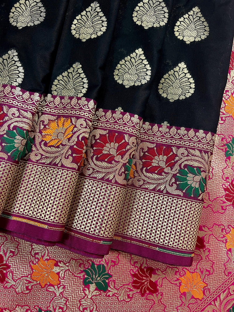 Black Color Traditional Banarasi Silk Handloom Saree with Paithani Border and Pallu | Meenakari Work | Black and Hot Pink Combination Saree