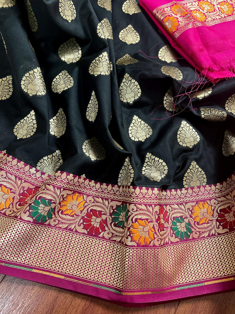 Black Color Traditional Banarasi Silk Handloom Saree with Paithani Border and Pallu | Meenakari Work | Black and Hot Pink Combination Saree