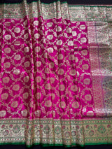 Hot Pink Color Traditional Banarasi Satin Silk Saree with Muted Gold Zari Floral Jaal Weave