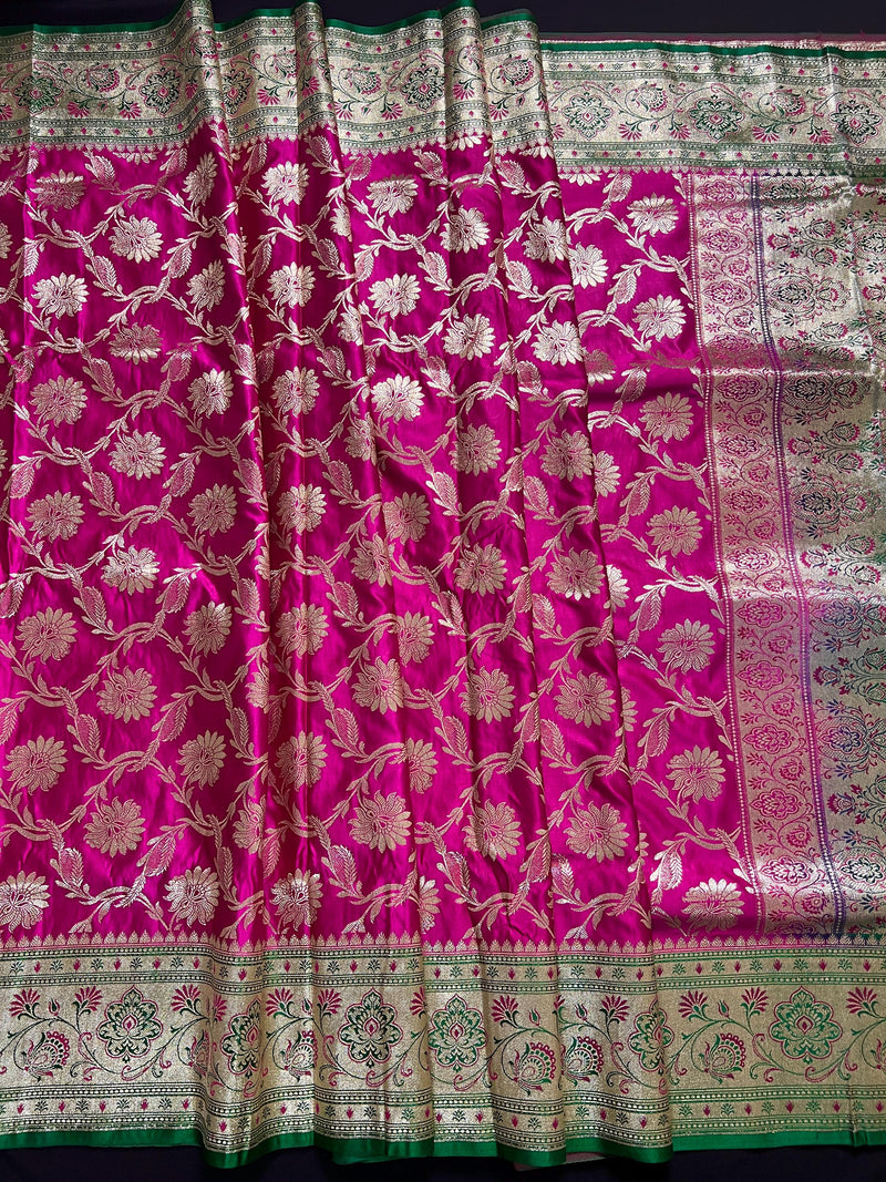 Hot Pink Color Traditional Banarasi Satin Silk Saree with Muted Gold Zari Floral Jaal Weave