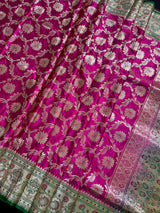 Hot Pink Color Traditional Banarasi Satin Silk Saree with Muted Gold Zari Floral Jaal Weave