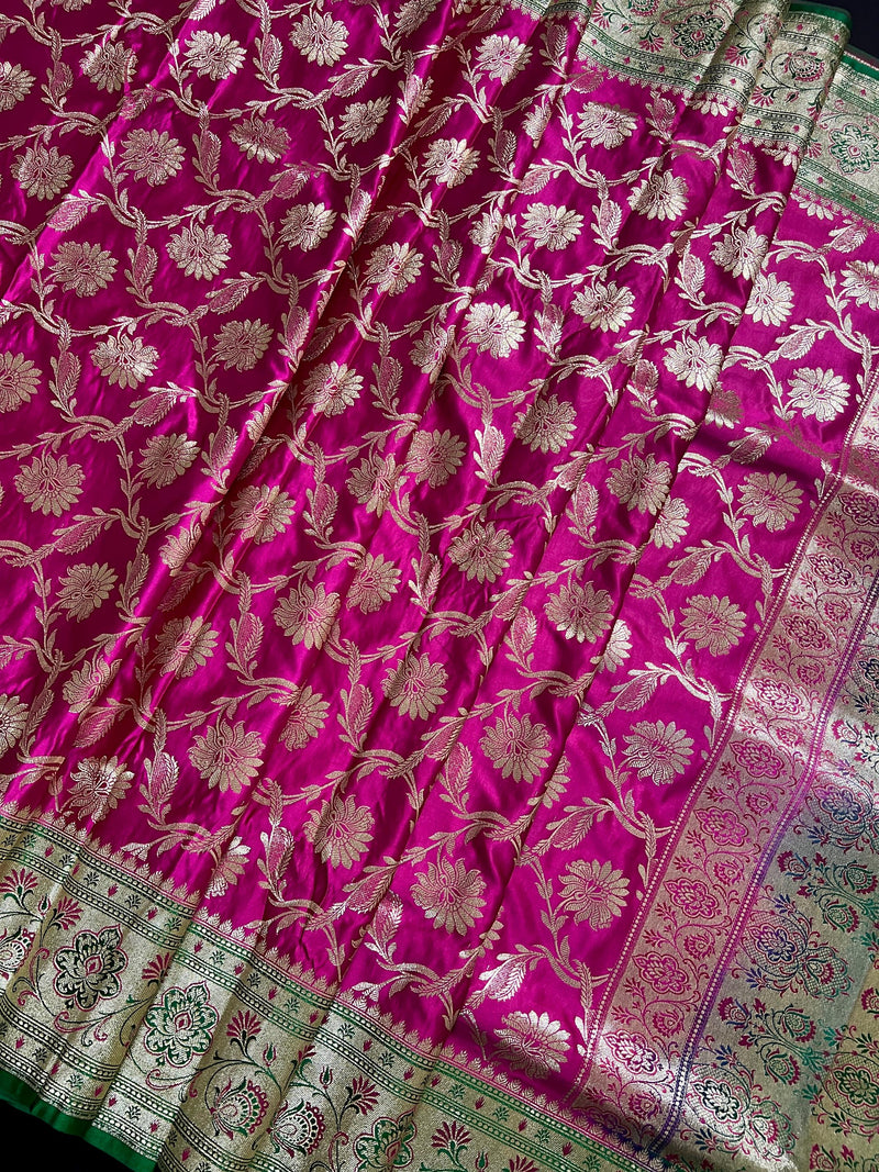 Hot Pink Color Traditional Banarasi Satin Silk Saree with Muted Gold Zari Floral Jaal Weave