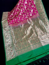 Hot Pink Color Traditional Banarasi Satin Silk Saree with Muted Gold Zari Floral Jaal Weave