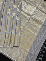 Pastel Gray Color Saree with Hot Pink Border Traditional Banarasi Satin Silk Saree with Muted Gold Zari Floral Jaal Weave