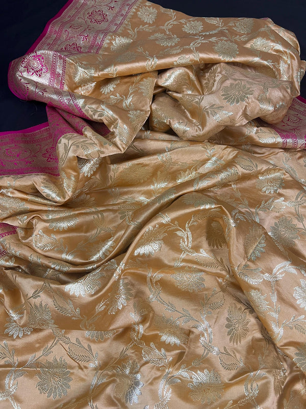 Gold Color with Hot Pink Border Traditional Banarasi Satin Silk Saree with Muted Gold Zari Floral Jaal Weave