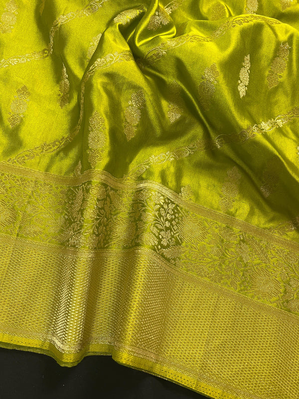 Mehndi Green Color Semi Mashru Silk Saree - Soft Silk Saree - Muted Gold Zari