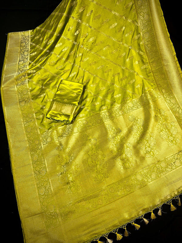 Mehndi Green Color Semi Mashru Silk Saree - Soft Silk Saree - Muted Gold Zari