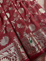 Statement Handmade Brick Red Color Semi Katan Banarasi Silk Saree