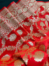 Bright Red Banarasi Satin Silk Traditional Floral Jaal Saree with Gold Zari Jaal Weave and Grand Pallu