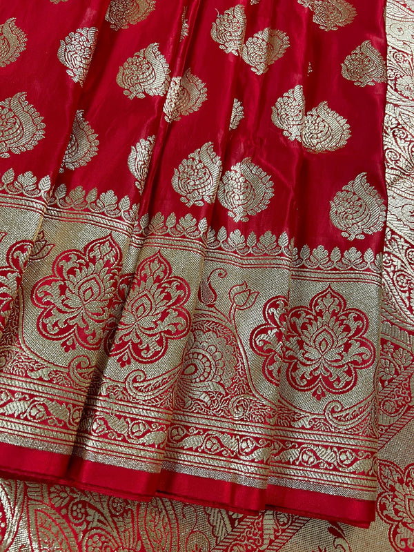Bright Red Banarasi Satin Silk Traditional Saree with Gold Zari Jaal Weave and Grand Pallu | Wedding Sarees in Red Color