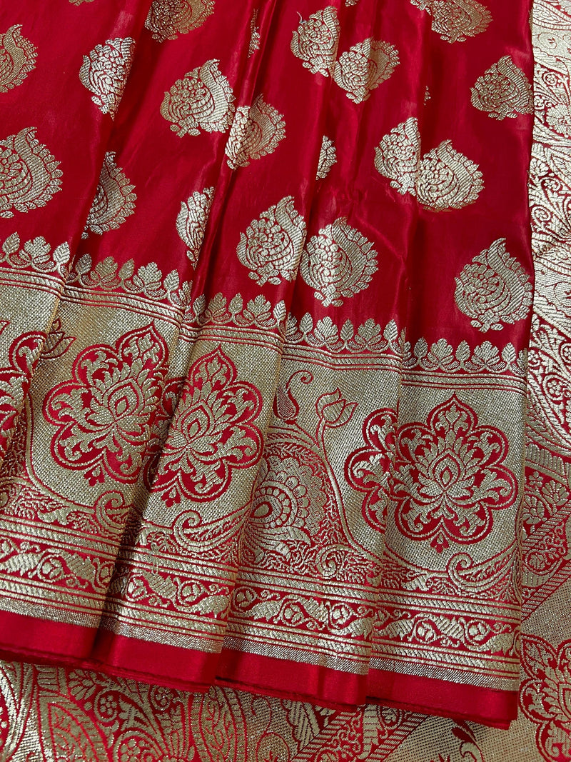 Bright Red Banarasi Satin Silk Traditional Saree with Gold Zari Jaal Weave and Grand Pallu