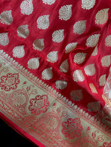 Bright Red Banarasi Satin Silk Traditional Saree with Gold Zari Jaal Weave and Grand Pallu