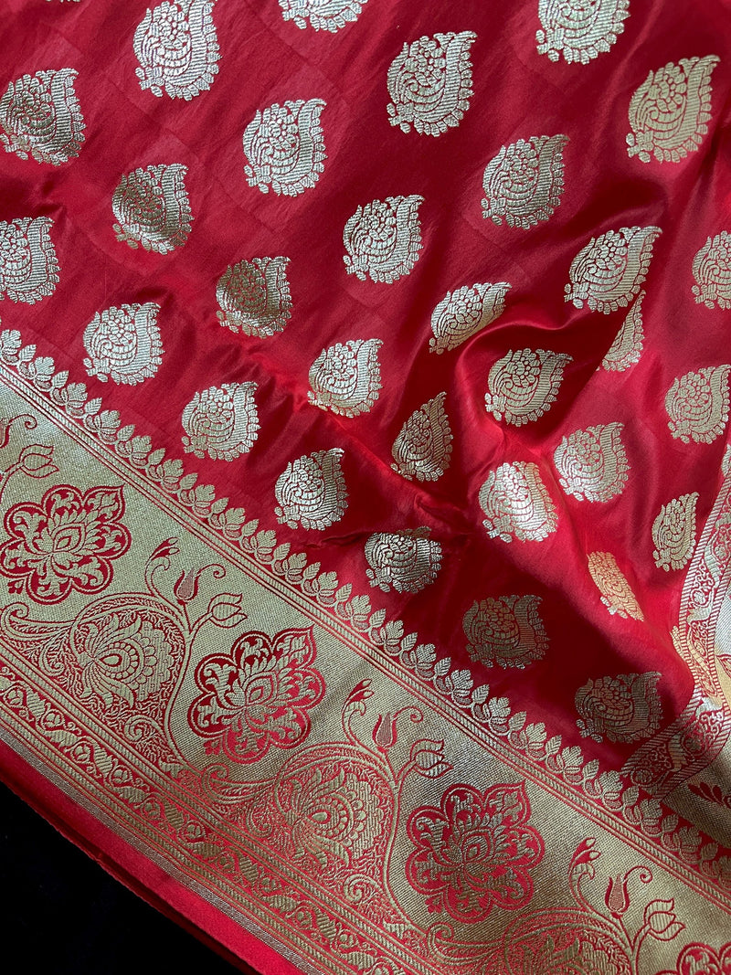 Bright Red Banarasi Satin Silk Traditional Saree with Gold Zari Jaal Weave and Grand Pallu