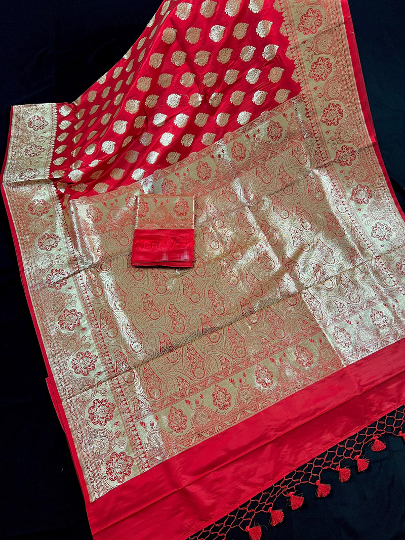 Bright Red Banarasi Satin Silk Traditional Saree with Gold Zari Jaal Weave and Grand Pallu