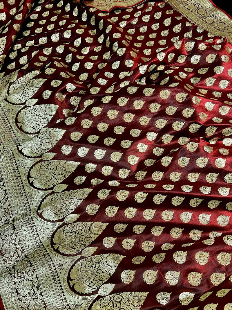 Wine Color Banarasi Satin Silk Traditional Saree with Gold Zari Jaal Weave and Grand Pallu