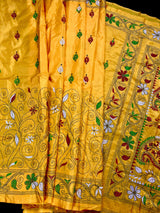 Mango Yellow Bangalori Silk Saree with Hand Kantha Stitch | Handwoven Kantha Stitch Sarees | Kantha Saress | Silk Sarees | Bengal Sarees