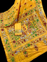 Mango Yellow Bangalori Silk Saree with Hand Kantha Stitch | Handwoven Kantha Stitch Sarees | Kantha Saress | Silk Sarees | Bengal Sarees