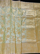 Pastel Sage Green Color Traditional Banarasi Satin Silk Saree with Muted Gold Zari Floral Jaal Weave