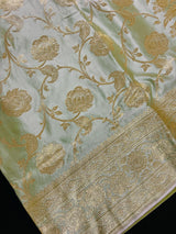 Pastel Sage Green Color Traditional Banarasi Satin Silk Saree with Muted Gold Zari Floral Jaal Weave