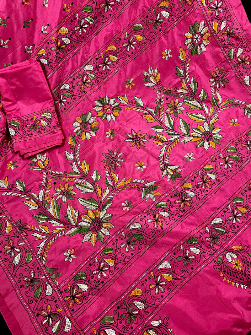 Magenta Deep Pink Color Bangalori Silk Saree with Handwoven Kantha Stitch -  Kantha Saress - Embroidered Sarees