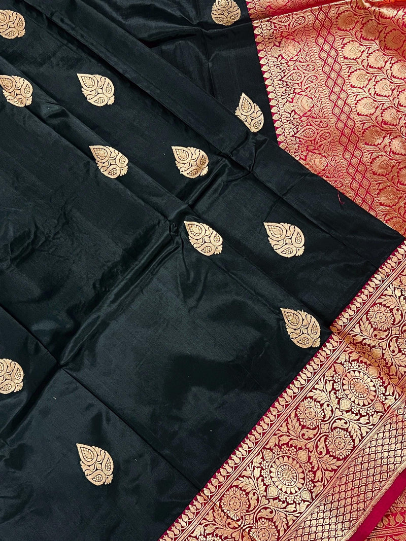 Black Color Pure Katan Silk Saree with Pink Color Border and Pallu - Pure Silk Sarees - SILK MARK CERTIFIED