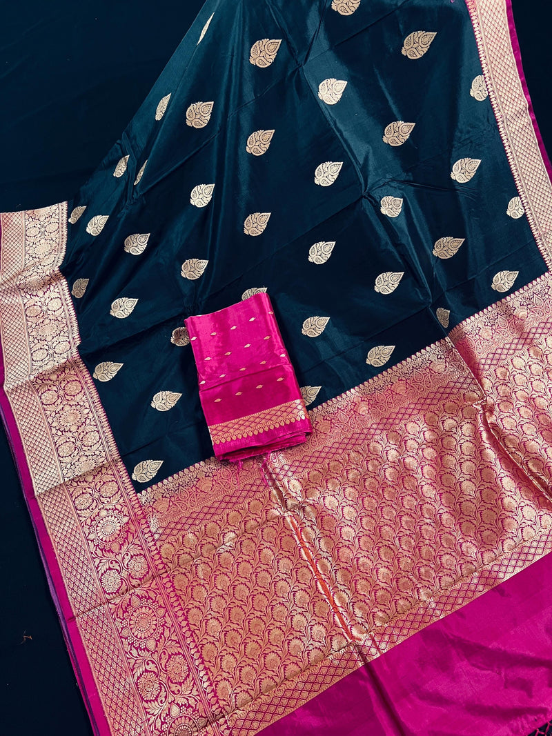 Black Color Pure Katan Silk Saree with Pink Color Border and Pallu - Pure Silk Sarees - SILK MARK CERTIFIED