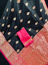 Black Color Pure Katan Silk Saree with Pink Color Border and Pallu - Pure Silk Sarees - SILK MARK CERTIFIED