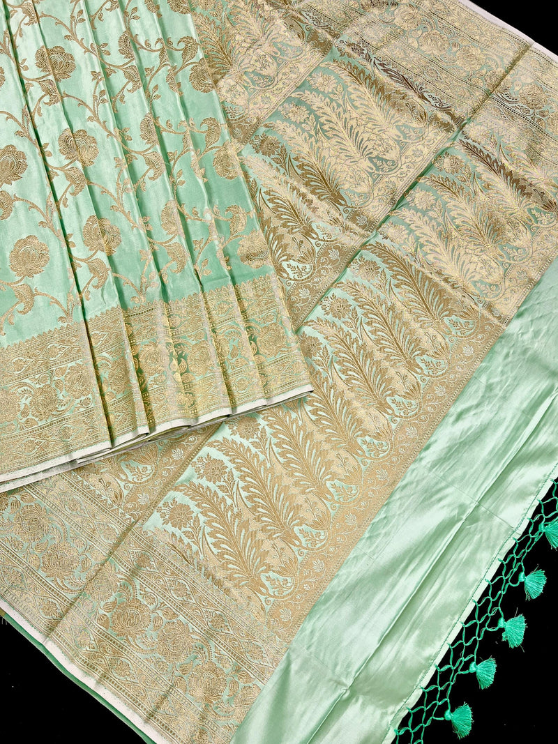 Pastel Sea Green Color Banarasi Satin Silk Traditional Floral Jaal Saree with Gold Zari Jaal Saree