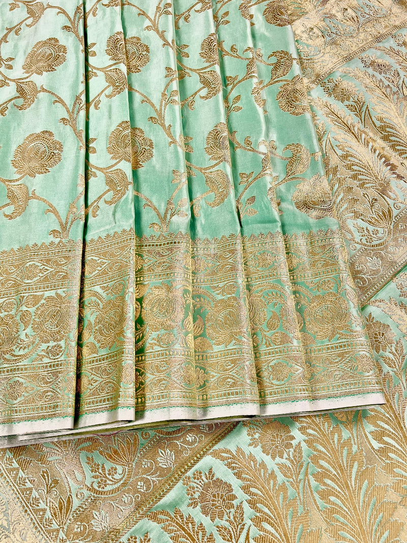 Pastel Sea Green Color Banarasi Satin Silk Traditional Floral Jaal Saree with Gold Zari Jaal Saree