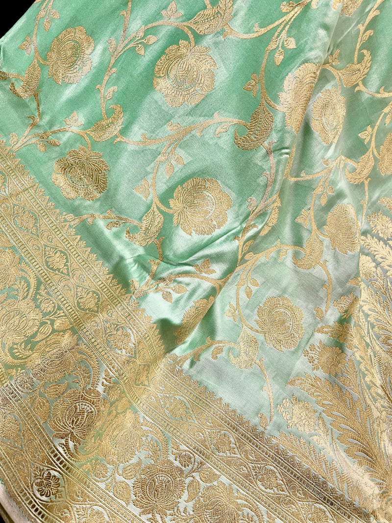 Pastel Sea Green Color Banarasi Satin Silk Traditional Floral Jaal Saree with Gold Zari Jaal Saree