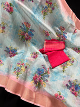 Sky Blue Saree with Pastel Pink Border | Cotton Linen Floral Prints Saree